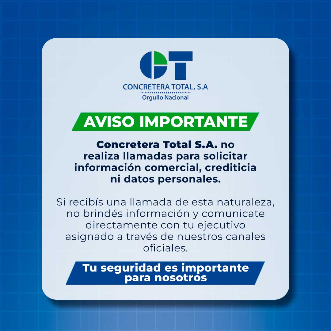 Aviso importante de Concretera Total sobre llamadas y solicitud de información